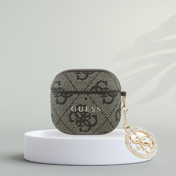 Oryginalne ekskluzywne etui od marki Guess z kolekcji Strass 4G Charm 4G dla Apple AirPods 4, brązowe